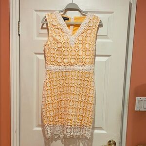 Elegant Lace Overlay Dress in White and Orange